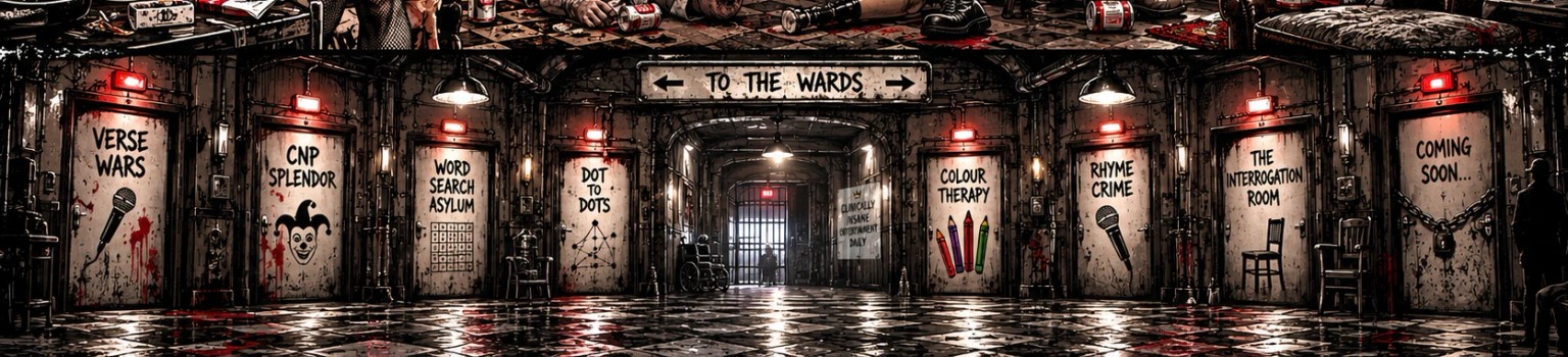 Eight locked doors in the Boredmore Wing: Verse Wars, CNP Splendor, Word Search Asylum, Dot to Dots, Colour Therapy, Rhyme Crime, Interrogation Room, Coming Soon