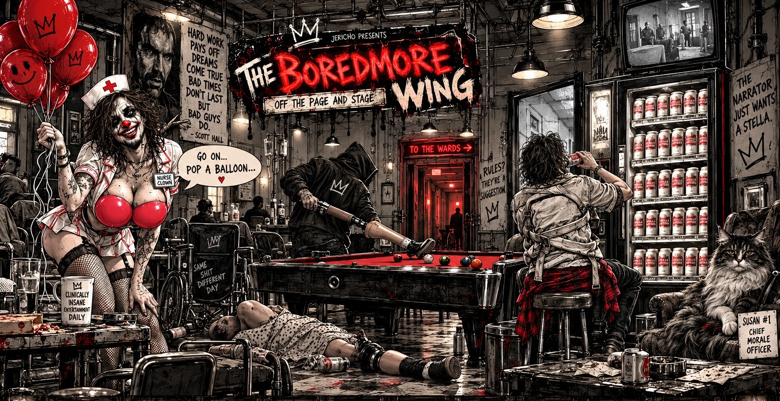 Boredmore Wing with Nurse Clown, Prophet playing pool, Susan the cat and illustrated game doors